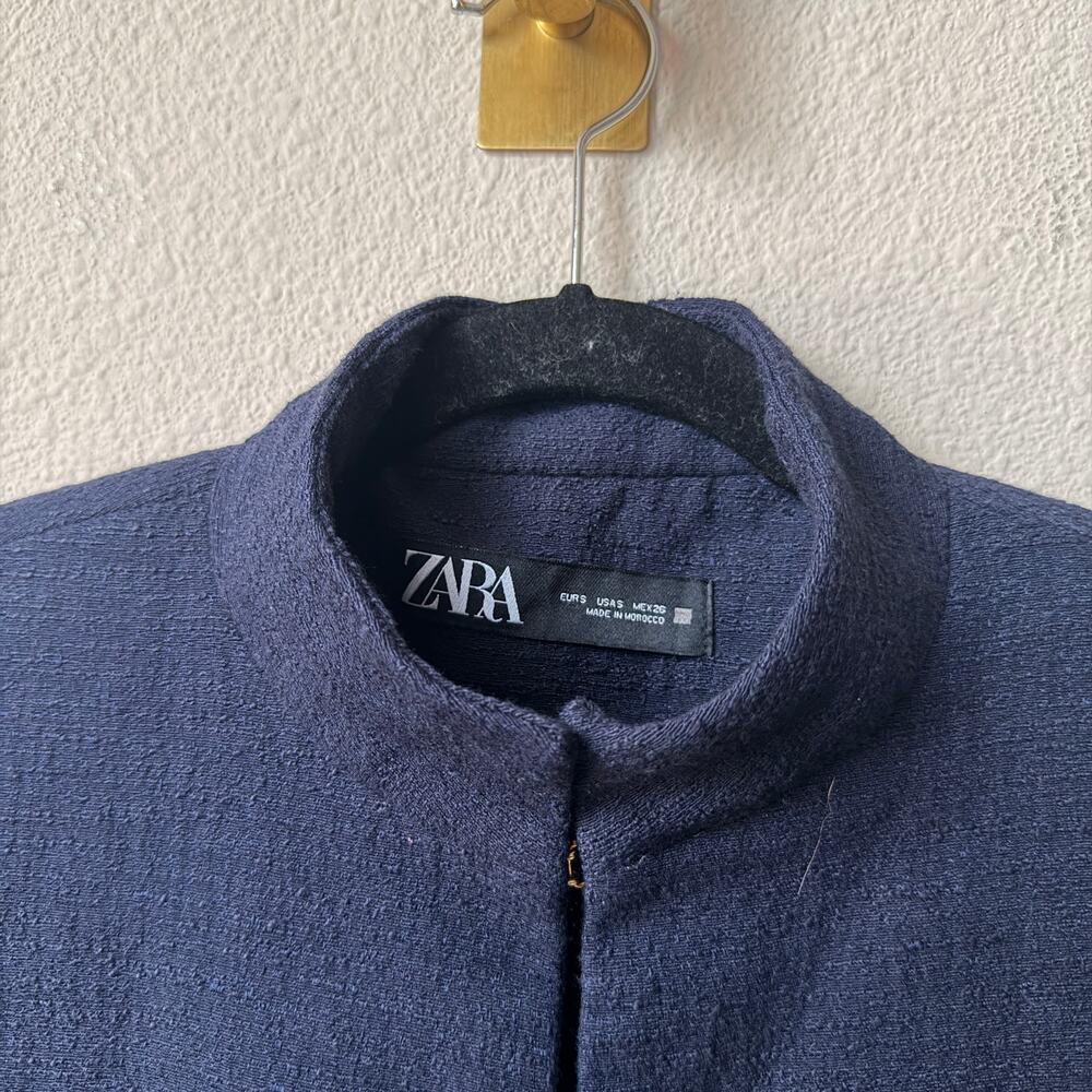 Zara Navy Cotton Textured High Collar Blazer Jacket Size S - Picture 4 of 5